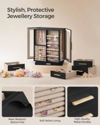 SONGMICS Rotating Jewellery Box with Glass Display & 5 Drawers in Black - thumbnail 4