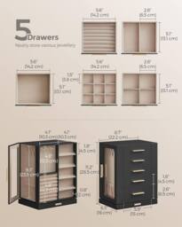 SONGMICS Rotating Jewellery Box with Glass Display & 5 Drawers in Black - thumbnail 2