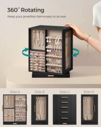 SONGMICS Rotating Jewellery Box with Glass Display & 5 Drawers in Black - thumbnail 3