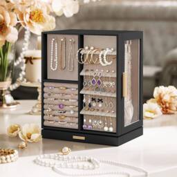 SONGMICS Rotating Jewellery Box with Glass Display & 5 Drawers in Black - thumbnail 1