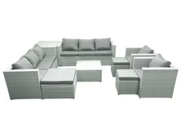 Fimous Outdoor Rattan Sofa Garden Furniture Set with 2 Armchairs Square Coffee Table 3 Footstools Side Table Light Grey Mixed - thumbnail 1