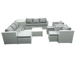 Fimous Outdoor Rattan Sofa Garden Furniture Set with 2 Armchairs Square Coffee Table 3 Footstools Side Table Light Grey Mixed - thumbnail 2