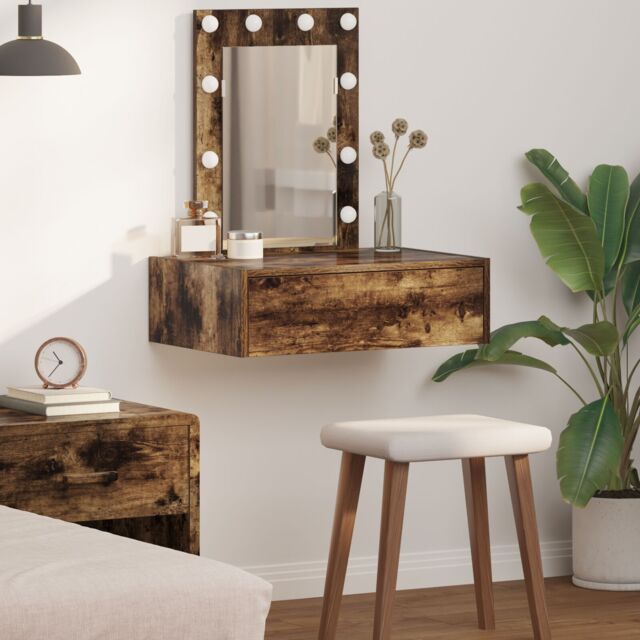 Berkfield Home Wall Hanging Dressing Table with LED Lights in Smoked Oak in Brown - image 1