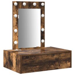 Berkfield Home Wall Hanging Dressing Table with LED Lights in Smoked Oak in Brown - thumbnail 2