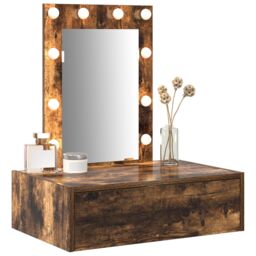 Berkfield Home Wall Hanging Dressing Table with LED Lights in Smoked Oak in Brown - thumbnail 3