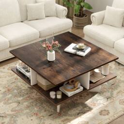 Gymax 2-Tier Square Coffee Table 60cm Living Room Center Table-Brown in Dark Brown - thumbnail 4