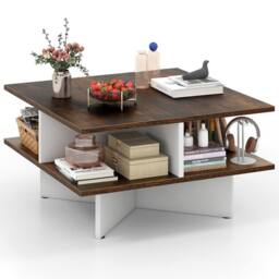 Gymax 2-Tier Square Coffee Table 60cm Living Room Center Table-Brown in Dark Brown