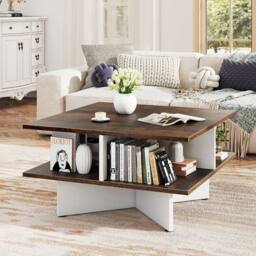Gymax 2-Tier Square Coffee Table 60cm Living Room Center Table-Brown in Dark Brown - thumbnail 5