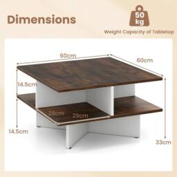 Gymax 2-Tier Square Coffee Table 60cm Living Room Center Table-Brown in Dark Brown - thumbnail 2
