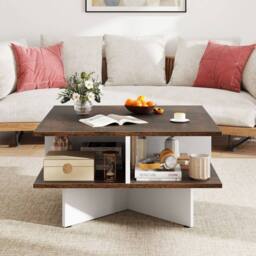 Gymax 2-Tier Square Coffee Table 60cm Living Room Center Table-Brown in Dark Brown - thumbnail 3