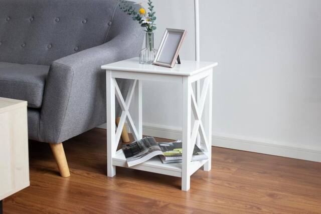SPOT ON DEALZ White 2 Tier Bedside Table Slim Side Table Wooden Nightstand Shelf - image 1