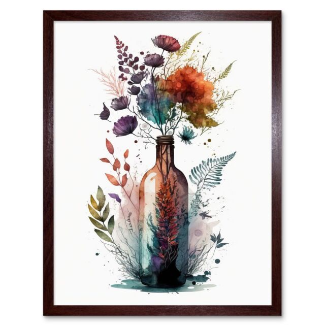"Artery8 Wall Art Print Wine Bottle with Spring Wildflower Floral Bouquet Art Framed in Brown - Size: W12"" x H16""" - image 1