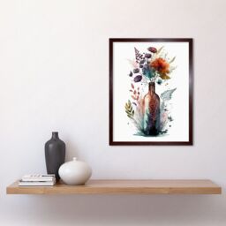 "Artery8 Wall Art Print Wine Bottle with Spring Wildflower Floral Bouquet Art Framed in Brown - Size: W12"" x H16""" - thumbnail 2