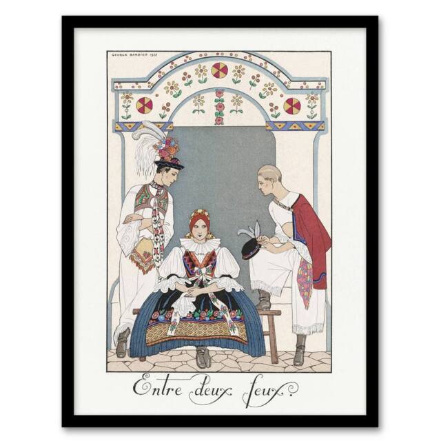 Artery8 Between Two Flames Czech Fashion Barbier Vintage Framed Wall Art Print in White - Size: A4 - image 1