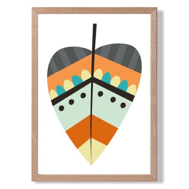 ARTZE Tribal Leaf Framed Print SIZE: A2 with Oak Frame in Orange - Size: A4 - image 1