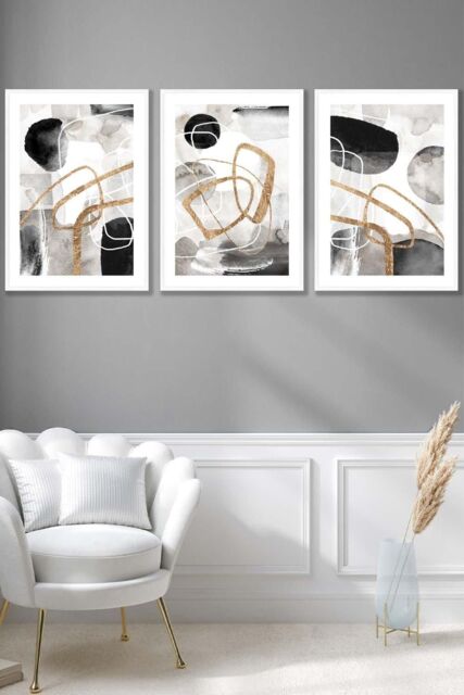 ARTZE Set of 3 White Framed Abstract Black Grey & Gold Watercolour Shapes Wall Art - Size: W53 cm x H73 cm x D20mm - image 1