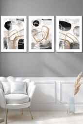 ARTZE Set of 3 White Framed Abstract Black Grey & Gold Watercolour Shapes Wall Art - Size: W53 cm x H73 cm x D20mm