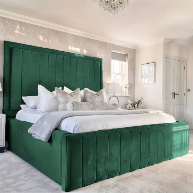 Living Comfort Bedz Geneva Upholstered Bed Frame with 54-inch Headboard - Slatted Base in Green - Size: King - image 1