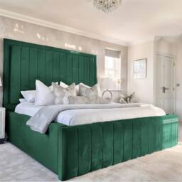 Living Comfort Bedz Geneva Upholstered Bed Frame with 54-inch Headboard - Slatted Base in Green - Size: King - thumbnail 2