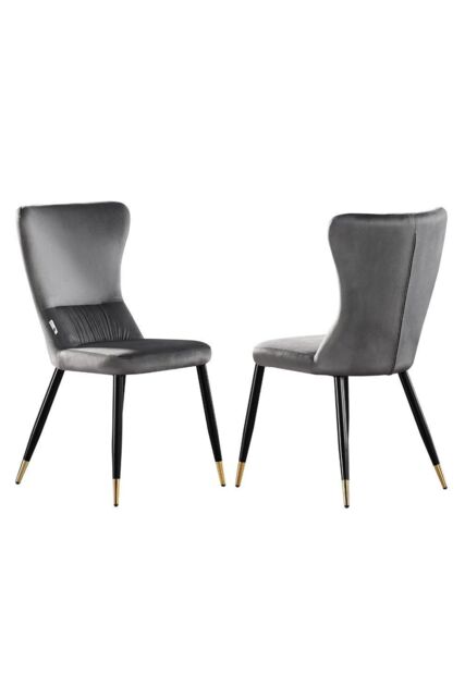 Life Interiors Set of 2 New York Modern Velvet Dining Chairs with High Back, Black Metal Legs, & Gold Tips in Grey - image 1