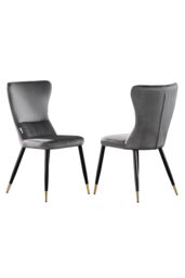 Life Interiors Set of 2 New York Modern Velvet Dining Chairs with High Back, Black Metal Legs, & Gold Tips in Grey