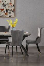 Life Interiors Set of 2 New York Modern Velvet Dining Chairs with High Back, Black Metal Legs, & Gold Tips in Grey - thumbnail 8