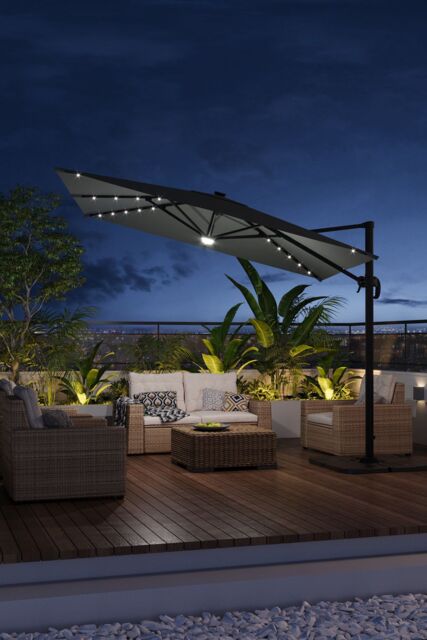 H&O Direct Outdoor Square Cantilever Parasol with Solar Lights & HDPE Base in Dark Grey - image 1
