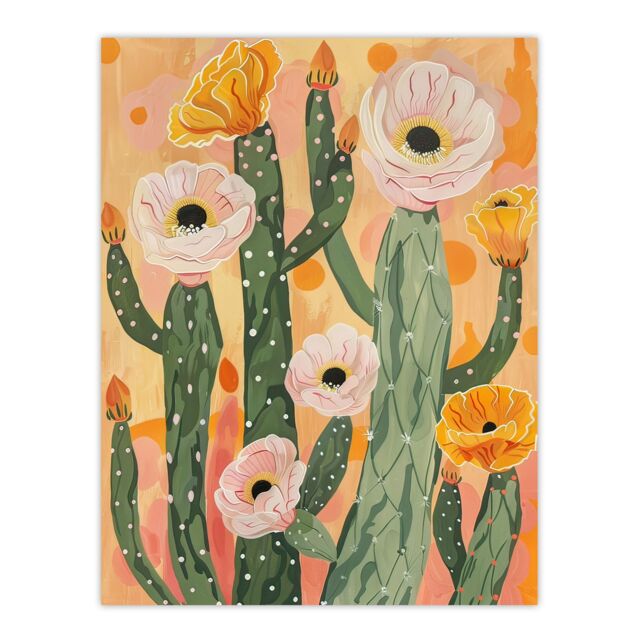 "Artery8 Pastel Pink Cactus Flower Blossom Painting Soft Wall Art Print in Orange - Size: W24"" x H32""" - image 1
