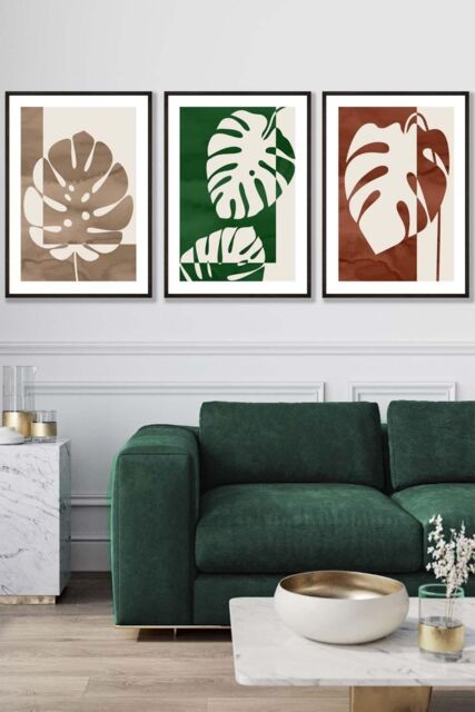 ARTZE Set of 3 Black Framed Mid Century Monstera in Beige & Green Wall Art in Dark Green - Size: W33 cm x H45 cm x D20mm - image 1