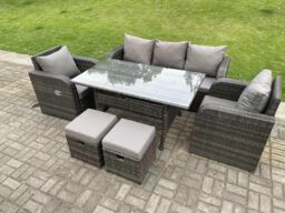 Fimous Dark Grey PE Rattan Garden Furniture Set 3 Seater Lounge Sofa Reclining Chair Outdoor Rectangular Dining Table - thumbnail 2