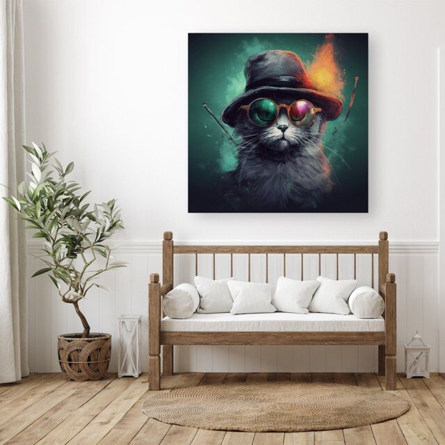"Warren Reed - Designer Fiery Cat In A Hat Canvas - Size: W30"" x H30""" - image 1