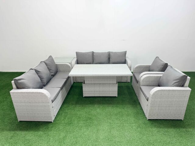 Fimous PE Rattan High Back Lounge Sofa Set Patio Adjustable Lifting Dining or Coffee Table & Chairs Set w/ 3 Seater Sofa Reclining Chair Side Table - image 1