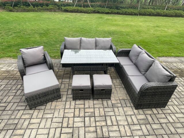 Fimous 10 Seater Outdoor Rattan Garden Furniture Set Oblong Dining Table & Chairs Set with 3 Seater Sofa 3PC Footstools Dark Grey Mixed - image 1