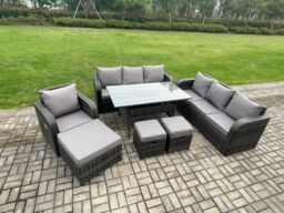 Fimous 10 Seater Outdoor Rattan Garden Furniture Set Oblong Dining Table & Chairs Set with 3 Seater Sofa 3PC Footstools Dark Grey Mixed - thumbnail 2