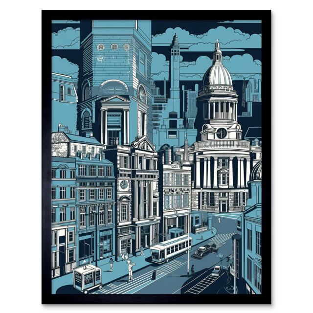 "Artery8 Wall Art Print Belfast Cityscape City Centre Hall Linocut Style Art Framed in Black - Size: W12"" x H16""" - image 1