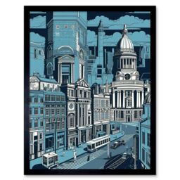 "Artery8 Wall Art Print Belfast Cityscape City Centre Hall Linocut Style Art Framed in Black - Size: W12"" x H16""" - thumbnail 1