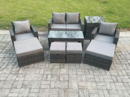 Fimous High Back Rattan Garden Furniture Sofa Sets w/ Rectangular Coffee Table Side Table Armchair 2 Big Footstool 2 Small Footstools Dark Grey Mixed - thumbnail 1