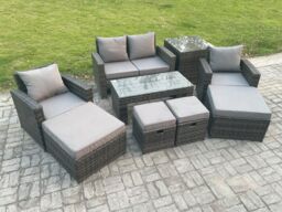 Fimous High Back Rattan Garden Furniture Sofa Sets w/ Rectangular Coffee Table Side Table Armchair 2 Big Footstool 2 Small Footstools Dark Grey Mixed - thumbnail 2