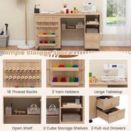 Costway Folding Sewing Table Sewing Machine Cart Table w/Charging Station in Natural - thumbnail 6