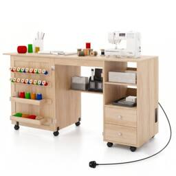 Costway Folding Sewing Table Sewing Machine Cart Table w/Charging Station in Natural - thumbnail 8