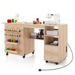 Costway Folding Sewing Table Sewing Machine Cart Table w/Charging Station in Natural - thumbnail 1