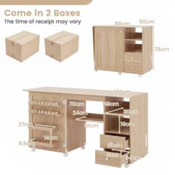 Costway Folding Sewing Table Sewing Machine Cart Table w/Charging Station in Natural - thumbnail 2