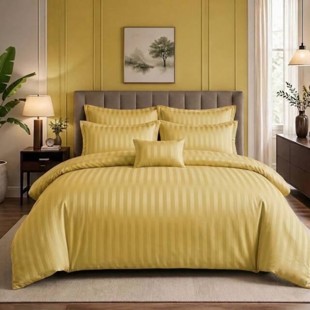 Pamposh Luxury Embossed Stripes Duvet Cover Set in Yellow - Size: Super King - image 1