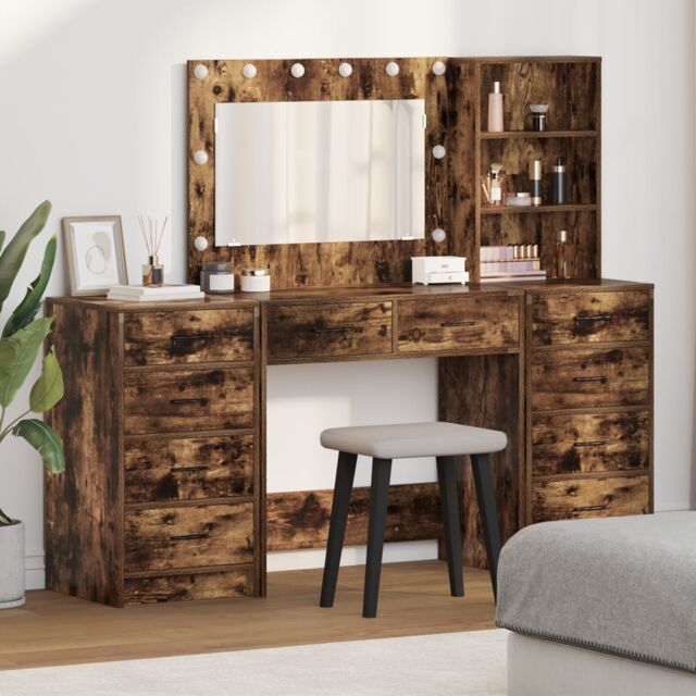 Berkfield Home 3-Piece Dressing Table Set with LED in Smoked Oak Engineered Wood in Brown - image 1