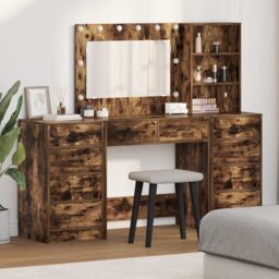 Berkfield Home 3-Piece Dressing Table Set with LED in Smoked Oak Engineered Wood in Brown