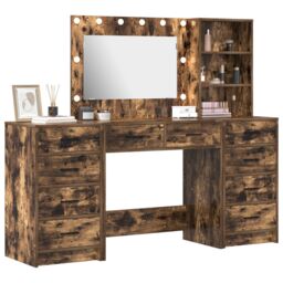 Berkfield Home 3-Piece Dressing Table Set with LED in Smoked Oak Engineered Wood in Brown - thumbnail 3