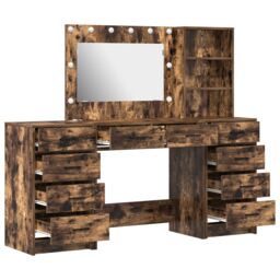 Berkfield Home 3-Piece Dressing Table Set with LED in Smoked Oak Engineered Wood in Brown - thumbnail 7