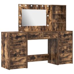 Berkfield Home 3-Piece Dressing Table Set with LED in Smoked Oak Engineered Wood in Brown - thumbnail 2