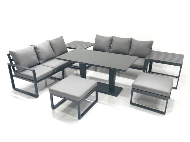 Fimous 8 Seater Aluminium Outdoor Garden Furniture Set w/ Adjustable Rising Lifting Dining Table 3 Seater Sofa 2 Big Footstool 2 Side Tables Dark Grey - image 1