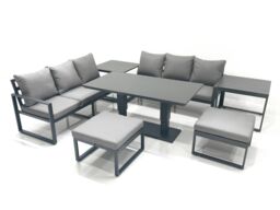 Fimous 8 Seater Aluminium Outdoor Garden Furniture Set w/ Adjustable Rising Lifting Dining Table 3 Seater Sofa 2 Big Footstool 2 Side Tables Dark Grey - thumbnail 1
